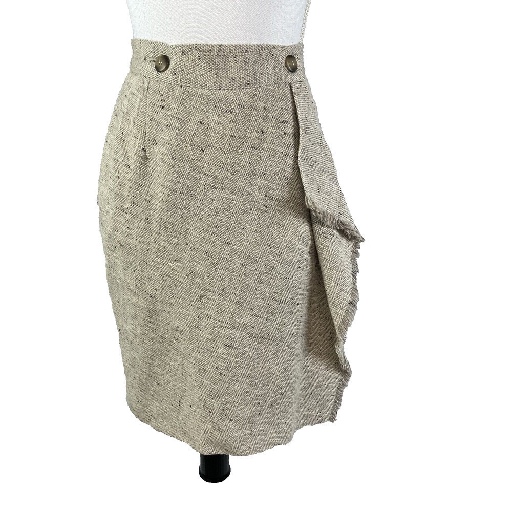 Vintage Liz Claiborne Skirt sz 8 Tan Khaki Wool Tweed Wrap Blanket Fringe Pencil